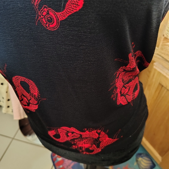 Vintage Y2K Black and Red Dragon Print Top/ Chinese Knot/ SZ L/ See Info - Picture 6 of 14
